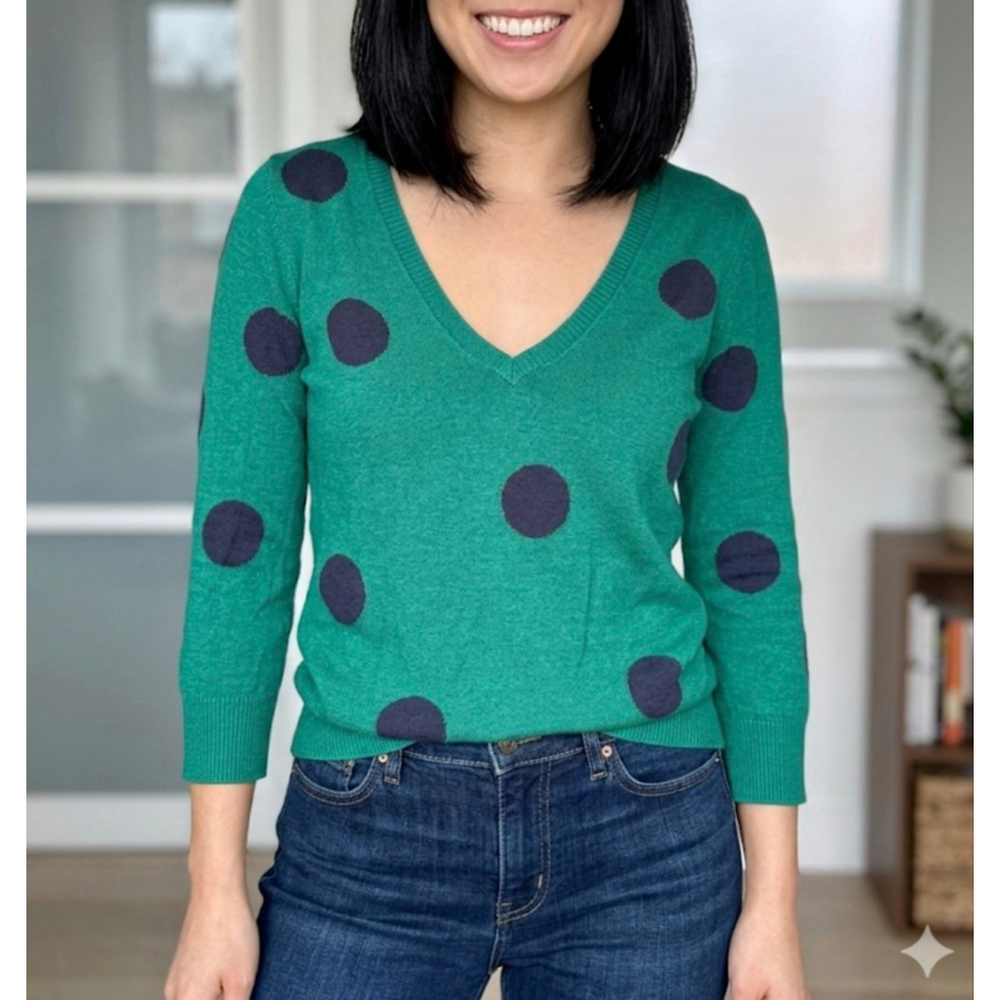 The Limited Green Polka Dot V-Neck Sweater Merino Wool Blend 3/4 Sleeve Size M